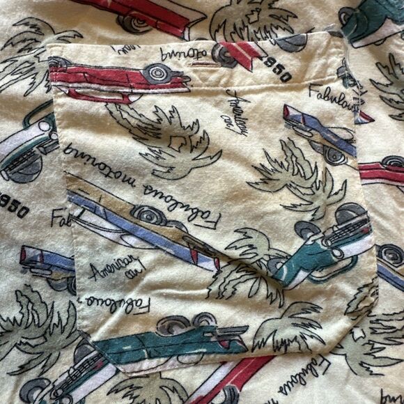 Vintage Modern Edge Hawaiin Style Polo Shirt Mens Large 1950 Classic Car Design - Picture 6 of 10